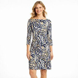 J.McLaughlin Imogen Sheath Dress Navy Blue Tan Paisley Stretch XS Resort Wear